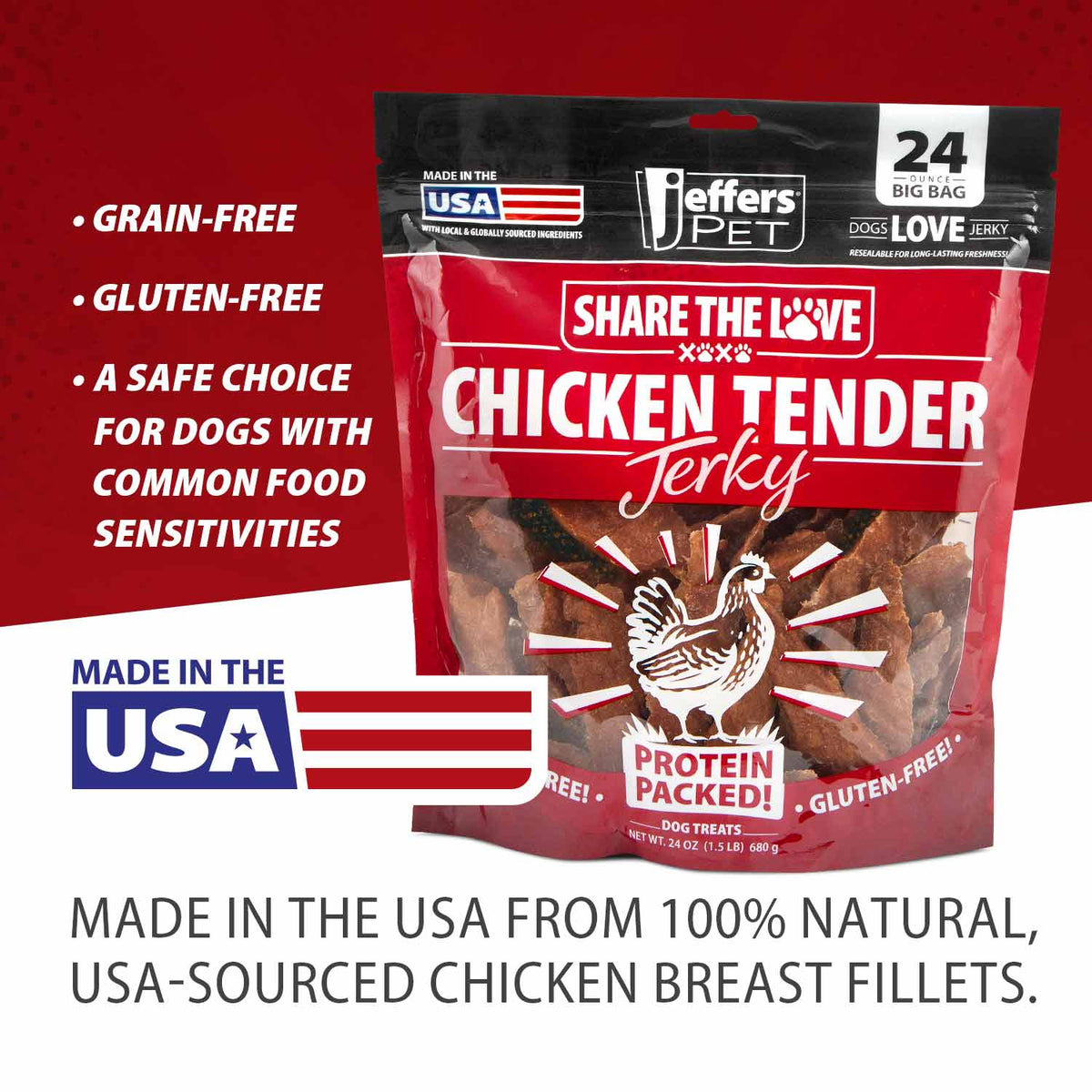 Jeffers High Protein Chicken Jerky Dog Treats, 24 oz - 100% Natural, Grain-free, Gluten-free, Made in USA