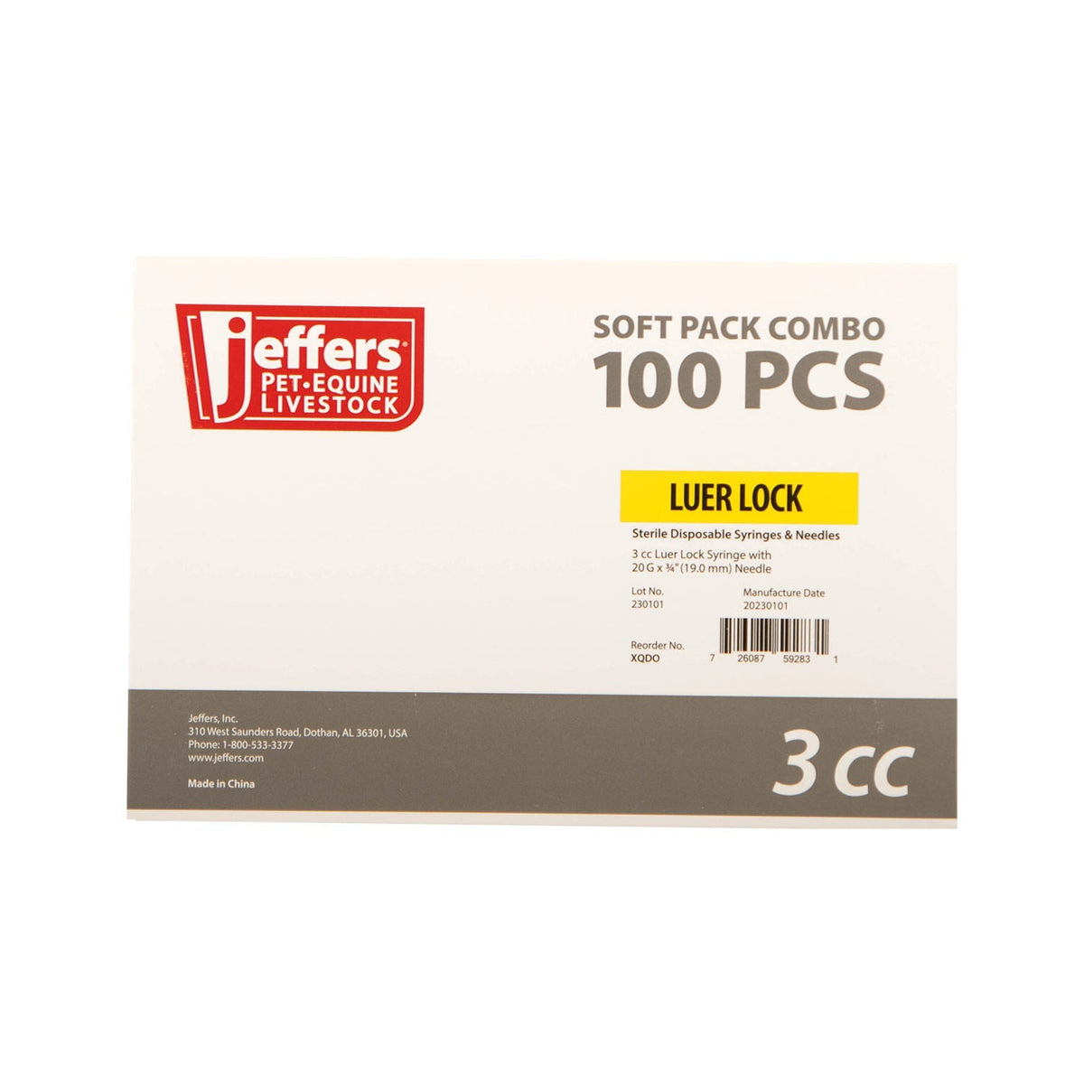 Jeffers Luer Lock (LL) Syringe/Needle Combo, Box of 100
