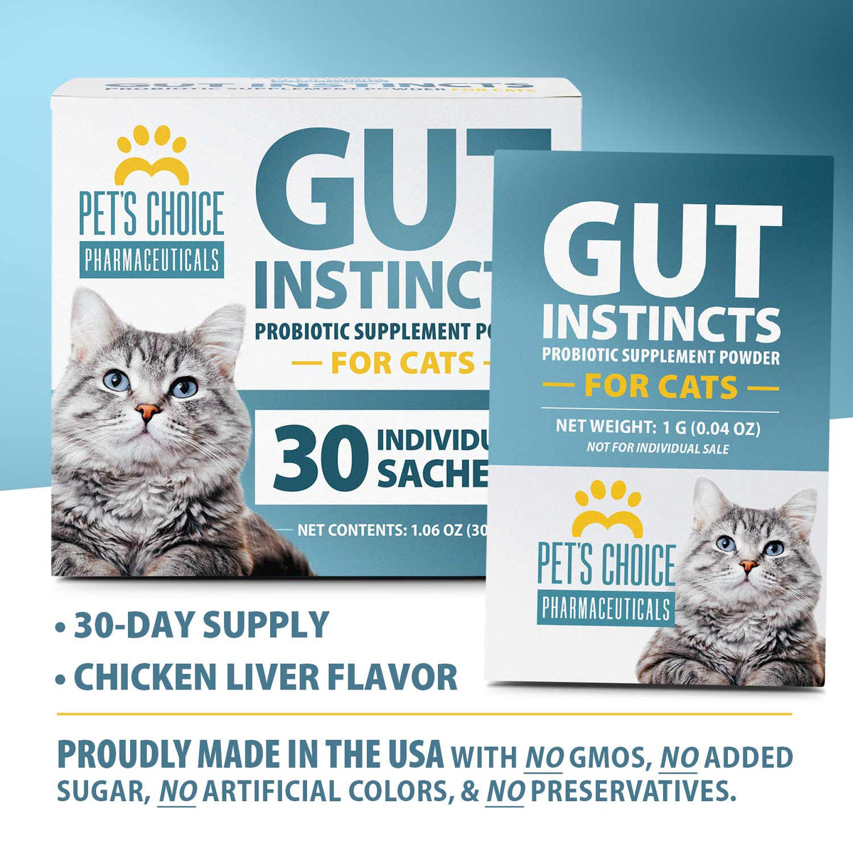 Pet’s Choice Gut Instincts Probiotic Supplement for Cats, Digestive & Immune Support, 30 Powder Packets, Made in USA